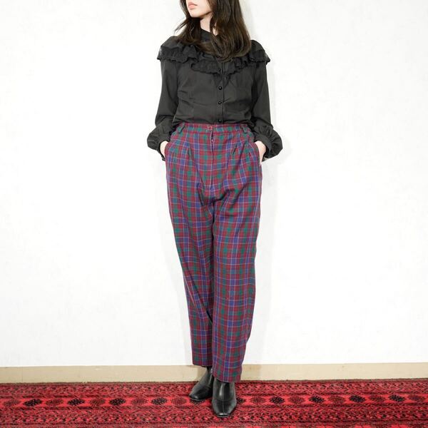 USA VINTAGE CHECK PATTERNED WOOL TUCK SLACKS PANTS/アメリカ古着チェック柄ウールタックスラックスパンツ