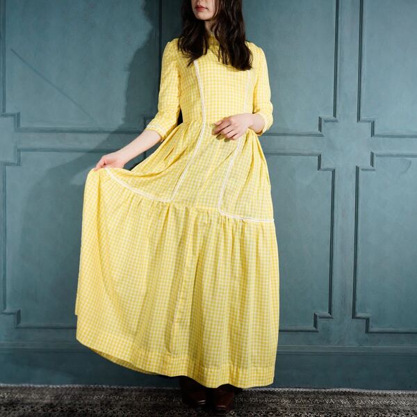 *SPECIAL ITEM* 70's USA VINTAGE CHECK PATTERNED LACE DESIGN LONG ONE PIECE/70年代アメリカ古着チェック柄レースロングワンピース