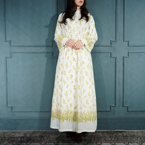 USA VINTAGE FLOWER PATTERNED LACE COLLAR DESIGN LONG ONE PIECE/アメリカ古着花柄レースデザインロングワンピース