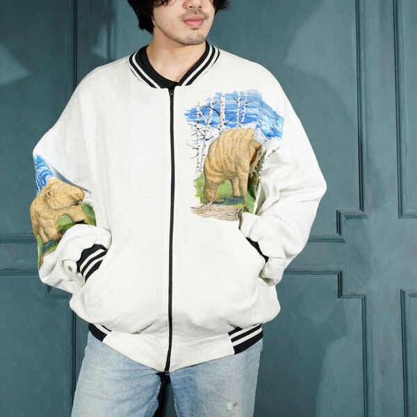 USA VINTAGE POINT PLUS BEAR PRINT DESIGN SWEAT ZIP UP BLOUSON/アメリカ古着くまプリントデザインスウェットジップアップブルゾン
