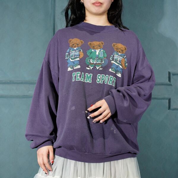 90's USA VINTAGE TEDDY BEAR PRINT DESIGN SWEAT SHIRT/90年代アメリカ古着テディベアプリントデザインスウェット