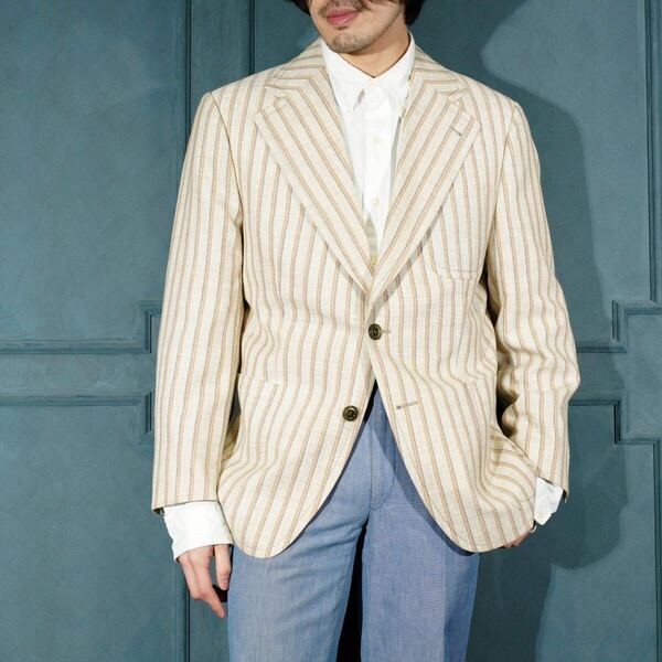 EU VINTAGE STRIPE PATTERNED LINEN DESIGN TAILORED JACKET/ヨーロッパ古着ストライプ柄リネンデザインテーラードジャケット