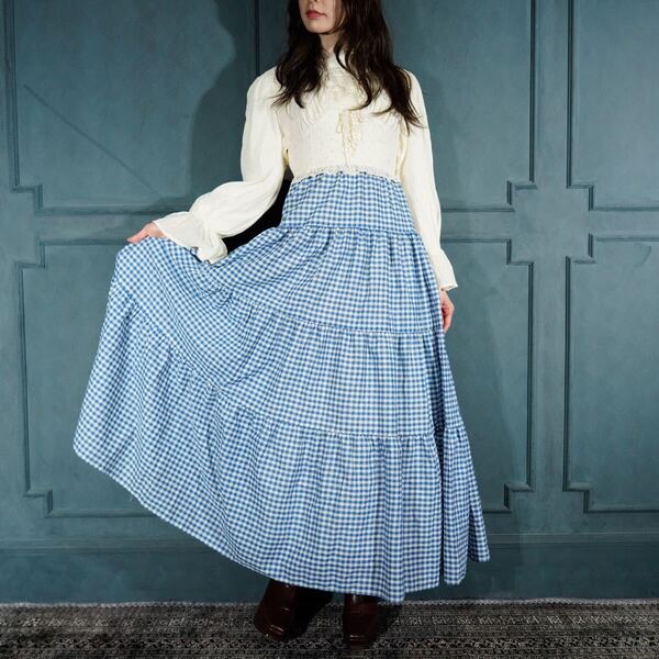 *SPECIAL ITEM* 60's USA VINTAGE THE COUNTRY COUSIN CHECK PATTERNED LACE DESIGN ONE PIECE/60年代アメリカ古着チェック柄ワンピース