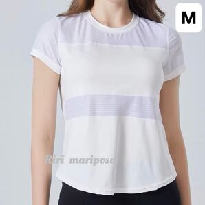 メッシュ切り替え半袖スポーツTシャツ白Mサイズ ヨガ半袖 ヨガウェア