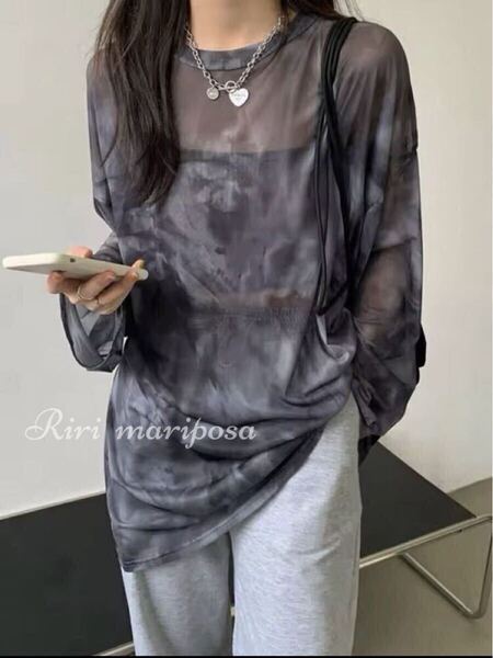 ビッグシルエット*ストレッチ*メッシュ*シアートップス 長袖Tシャツトップス ブラウス シースルー ブラック