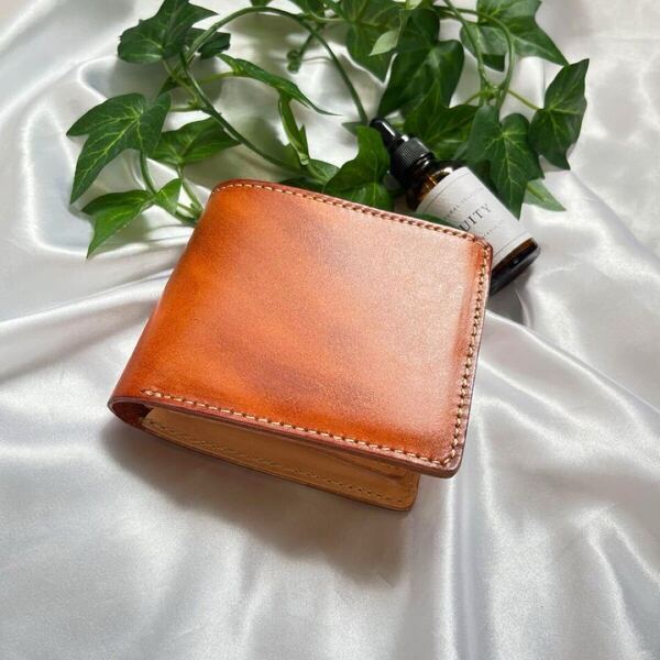 二つ折り財布 メンズ 本革 レザー オレンジ ハンドメイド 小銭入れ おしゃれ ヌメ革