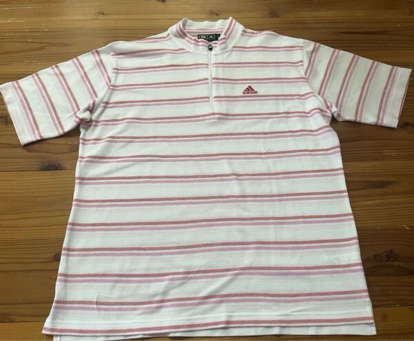 送料込み!adidas ハーフジップ かのこ 半袖Tシャツ ボーダー 白×ピンク Lサイズ アディダス GOLF ゴルフウェア 175-185