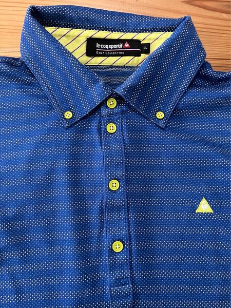 送料込み!! Le c o q 半袖ポロシャツ 青 ブルー ボタンダウン ルコック 綿100 LLサイズ GOLF ゴルフウェアー 大きいサイズ