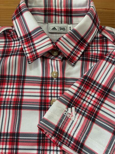 送料込み!! adidas チェック 半袖ポロシャツ 赤 アディダス Mサイズ GOLF ゴルフウェアー 美品