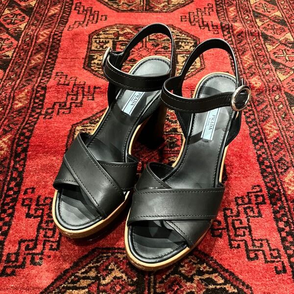 PRADA LEATHER STRAP CHANKY HEEL DESIGN SANDAL/プラダレザーストラップチャンキーヒールデザインサンダル