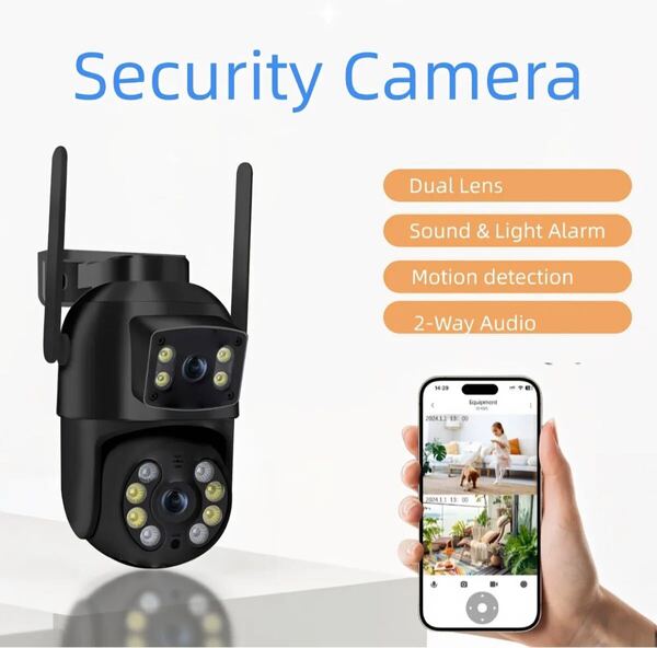 IP65防水仕様AI自動追跡 2.4G/6MP Wi-Fi強力電波防犯カメラ 2眼レンズ 動体検知