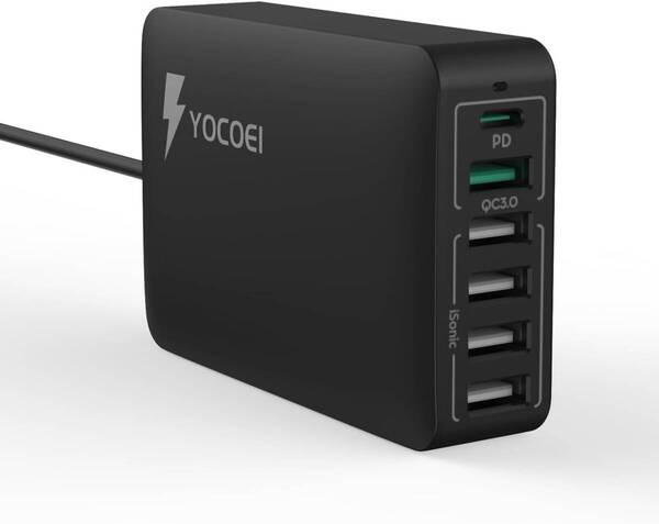 60W USB急速充電器 6ポート(独自iSonic技術/USB-A×5 USB-C×1/6台同時充電/PSE認証済み)USBコンセント PD充電器