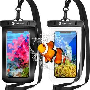 2枚セット Syncwire 防水ケース スマホ 防水ケース 携帯防水ケース IPX8認定 顔認証 完全密封 iPhone/Android対応(ブラック+透明)