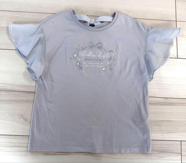 ★美品★メゾピアノジュニア★可愛いマリン刺繍★100%棉★ブルー色★フリル★シフォン袖★半袖Tシャツ★サイズL★160