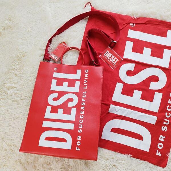 【希少・新品未使用】DIESEL ディーゼル トートバッグ ショッパー L shopper ロゴ 2WAY ショルダー レッド 保存袋付 大型 赤 鞄