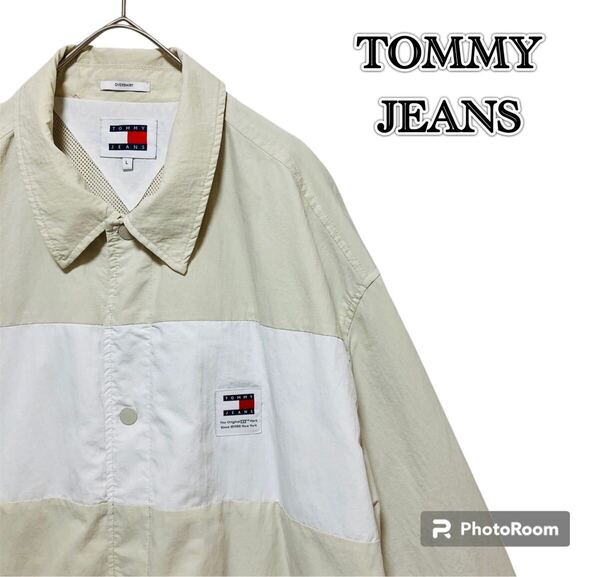 TOMMY JEANS カラーブロック ナイロンオーバーシャツXL相当アイボリー/ライトアウター/トミージーンズ/男女可