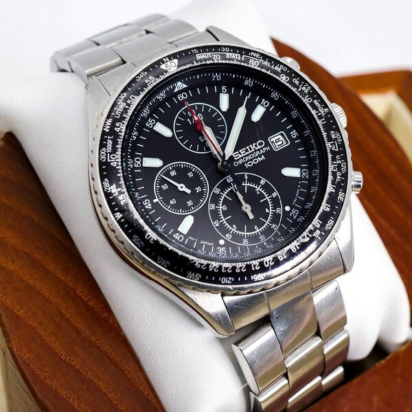 稼働 SEIKO 腕時計 パイロットクロノグラフ スモセコ 回転ベゼル 806
