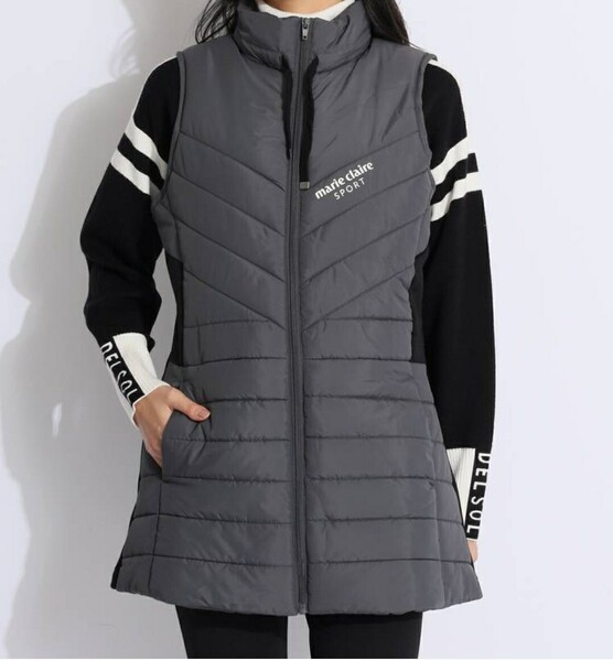 【Mサイズ】新品 マリクレールスポール ゴルフ 素材切替スタンドネック中綿ロングベスト チュニック丈 黒 レディース ゴルフウェア