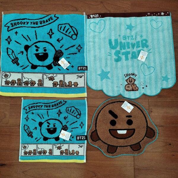 BTS BT21 SHOOKY 4枚セット 新品 ミニタオル&ハンドタオル&ダイカット ミニタオル SUGA 丸眞 LINE FRIENDS(ライン フレンズ)水色