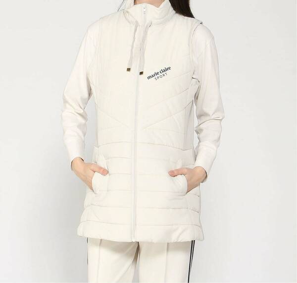 【Lサイズ】新品 マリクレールスポール ゴルフ 素材切替スタンドネック中綿ロングベスト チュニック丈 白 レディース ゴルフウェア