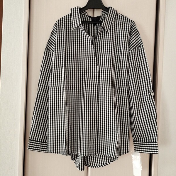 新品【Mサイズ】ベルメゾン Latelier raffine ラトリエラフィネ 長袖 ギンガムチェックシャツ スキッパーシャツ バックリボン 黒白ブラウス