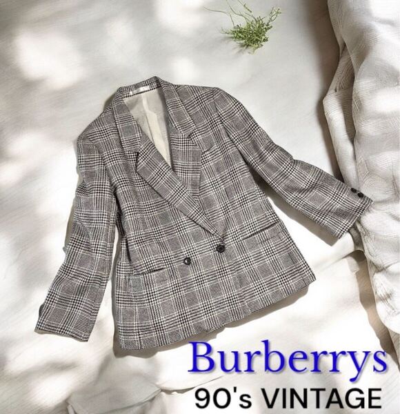 美品 90's VINTAGE Burberrys 白タグ レディース ジャケット ダブル 千鳥格子 テーラード 三陽商会 正規品 90年代 ビンテージ バーバリー