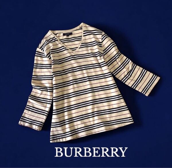 美品 BURBERRY マルチボーダー レディース カットソー 香港製 海外セールス品 バーバリー 長袖 Vネック ボーダー Tシャツ 女性 トップス