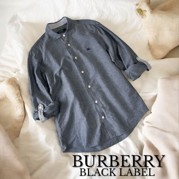 美品 BURBERRY BLACKLABEL 三陽商会 正規品 綿麻 長袖 シャツ Yシャツ ブロード リネン混 バーバリー ブラックレーベル ロールアップ