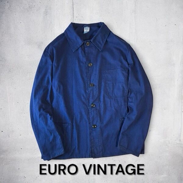 雰囲気抜群 EURO VINTAGE ヘリンボーン カバーオール ドイツ購入 ワークジャケット ビンテージ インクブルー PIONIER ヨーロッパ 古着