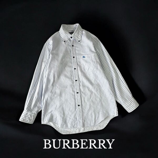 美品 三越 仕立て BURBERRY ストライプ ボタンダウンシャツ オーダーメイド 長袖 シャツ ワイシャツ バーバリー L相当 メンズ 紳士服
