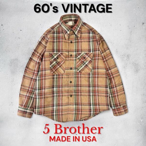 希少色! 60's USA製 VINTAGE FIVE BROTHER ヘビーネルシャツ 60年代 古着 ビンテージ ファイブブラザー 5Brother ネルシャツ アメリカ製