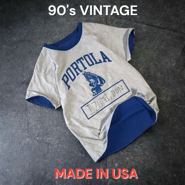 90's VINTAGE USA製 リバーシブル Tシャツ カレッジプリント 3段 COASTAL アメリカ製 古着 Wフェイス 半袖 輸入 グレー 青 オリジナル
