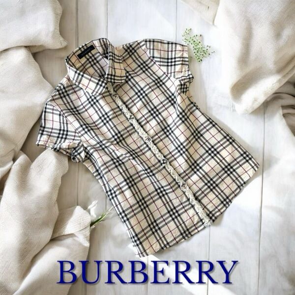 極美品 BURBERRY KID'S ノヴァチェック総柄 ブラウス シャツ 半袖 女の子 8歳 レース飾り バーバリー 子供服 kid's キッズ 春夏 128 130