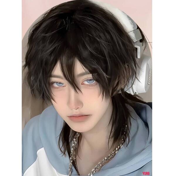 黒茶 ウルフ メンズ ウィッグ フルウィッグ かつら ナチュラル 耐熱ファイバー 人工頭皮 バレない イベント 普段使い 通気性 快適 自然