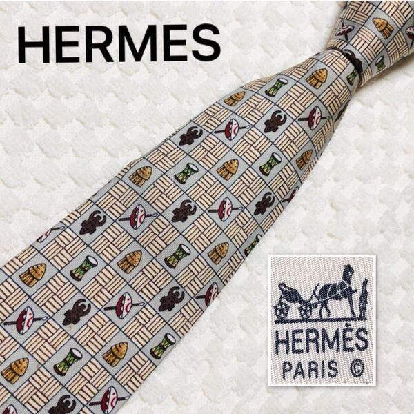 HERMES エルメス ネクタイ 民俗工芸品 格子 シルク100% フランス製 ベージュ×マルチカラー ビジネス