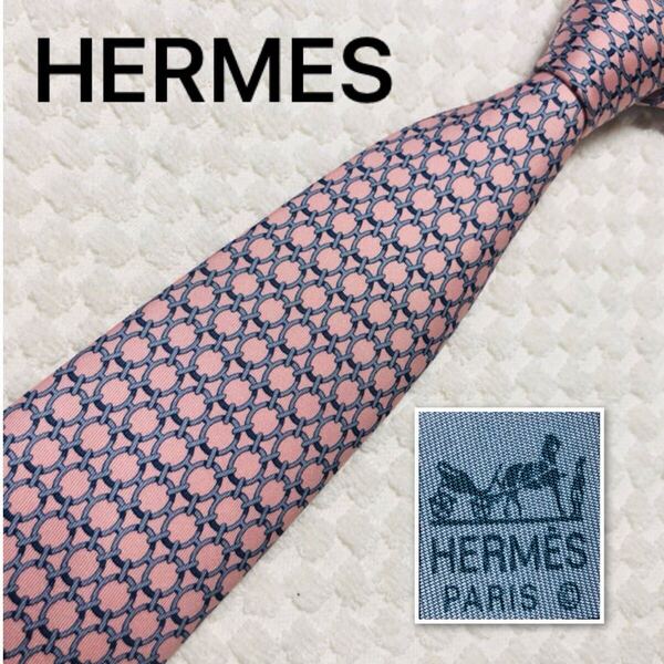 HERMES エルメス ネクタイ サークル 金具 総柄 シルク100% フランス製 ピンク ビジネス