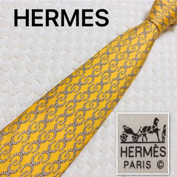 HERMES エルメス ネクタイ 馬蹄 ホースシュー 総柄 シルク100% フランス製 イエロー系 ビジネス
