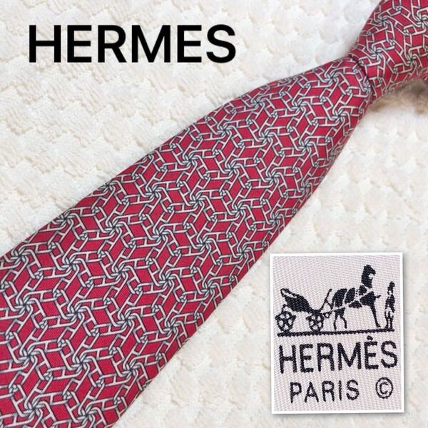 HERMES エルメス ネクタイ シェーヌダンクル チェーン 総柄 シルク100% フランス製 レッド ビジネス