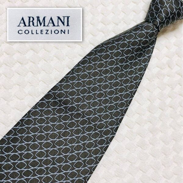 ■美品■ARMANI COLLEZIONI アルマーニ コレツィオーニ ネクタイ 総柄 シルク100% イタリア製 ダークグリーン ビジネス
