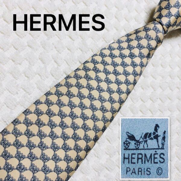 HERMES エルメス ネクタイ 紐 総柄 シルク100% フランス製 ベージュ系 ビジネス