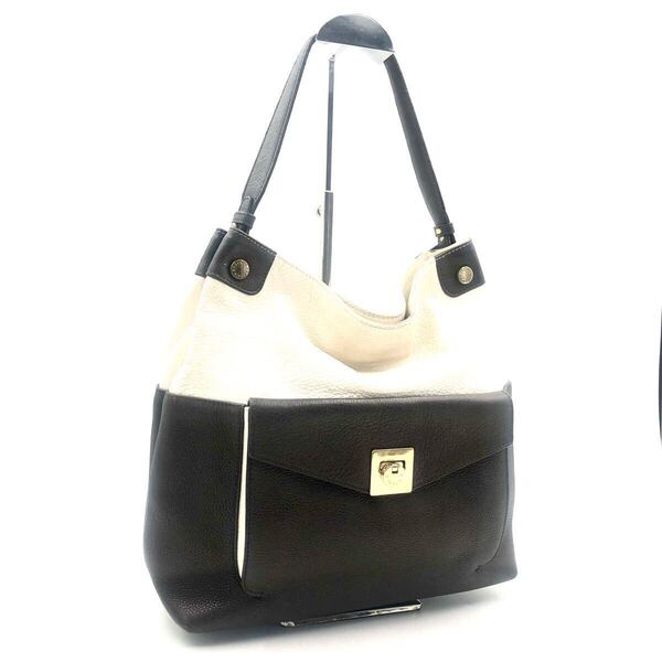 ■良品■FURLA フルラ バイカラー ワンショルダーバッグ ホワイト系アイボリー×ダークブラウン 本革 タグあり レディース