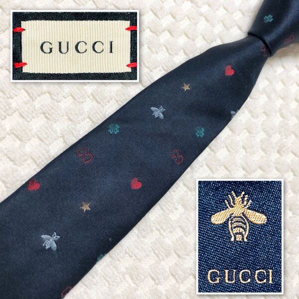 ■希少現行タグ■GUCCI グッチ ネクタイ ビー アイコン 刺しゅう総柄 ネイビー×マルチカラー ナロー 狭め