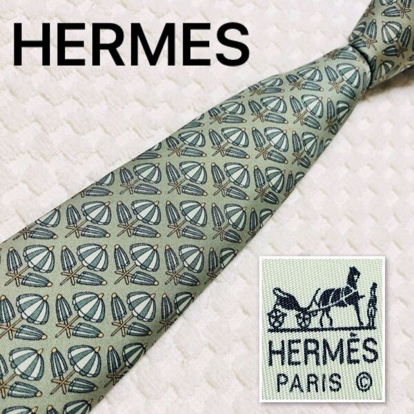HERMES エルメス ネクタイ パラソル 総柄 シルク100% フランス製 7432HA グリーン系 ビジネス