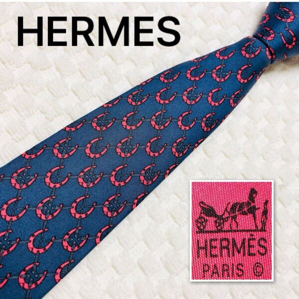 HERMES エルメス ネクタイ 馬蹄 ホースシュー 格子 総柄 シルク100% フランス製 935IA ブルー×レッド