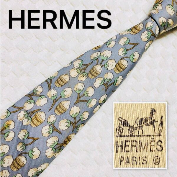 HERMES エルメス ネクタイ 綿毛 総柄 シルク100% フランス製 7496IA グレー×ベージュ×グリーン ビジネス