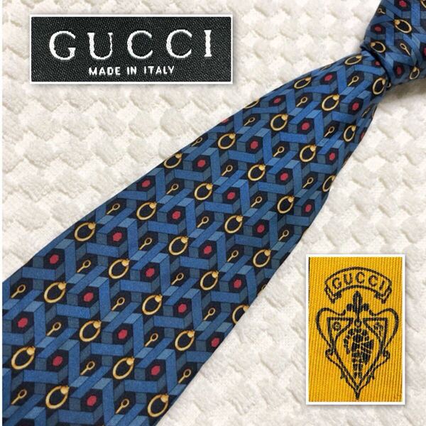 GUCCI グッチ ネクタイ ホースビット ドット 図形 総柄 シルク100% イタリア製 ブルー系 ビジネス