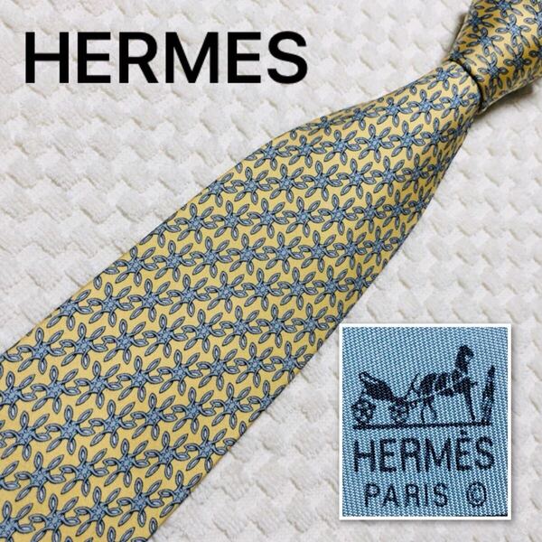 HERMES エルメス ネクタイ 結晶風装飾金具 総柄 シルク100% フランス製 5037 PA レモンイエロー×ライトブルー ビジネス