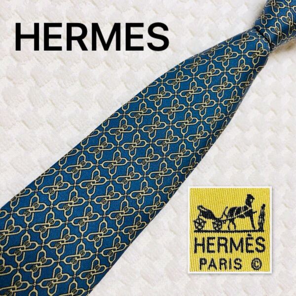 ■美品■HERMES エルメス ネクタイ 金具 総柄 シルク100% フランス製 7326 EA ブルー×イエローグリーン ビジネス
