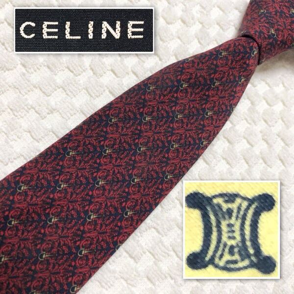 ■良品■CELINE セリーヌ ネクタイ ホースビット金具 ボタニカル 総柄 シルク100% スペイン製 ネイビー×ボルドー ビジネス