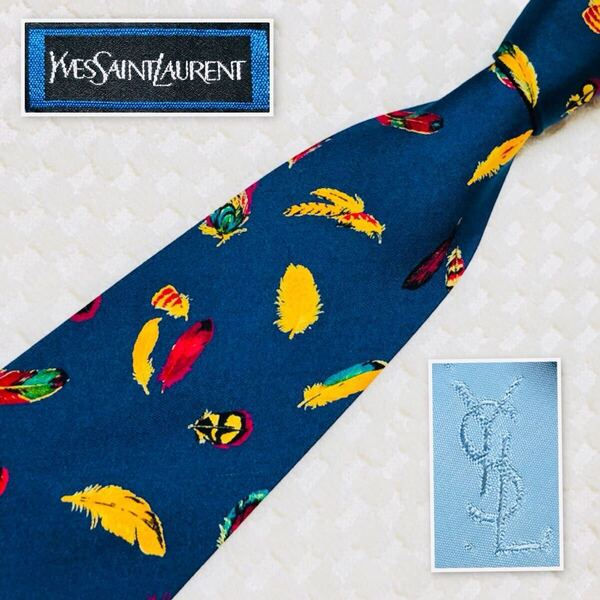 Yves saint Laurent イヴサンローラン ネクタイ 羽根 総柄 シルク100% スペイン製 ブルー×マルチカラー